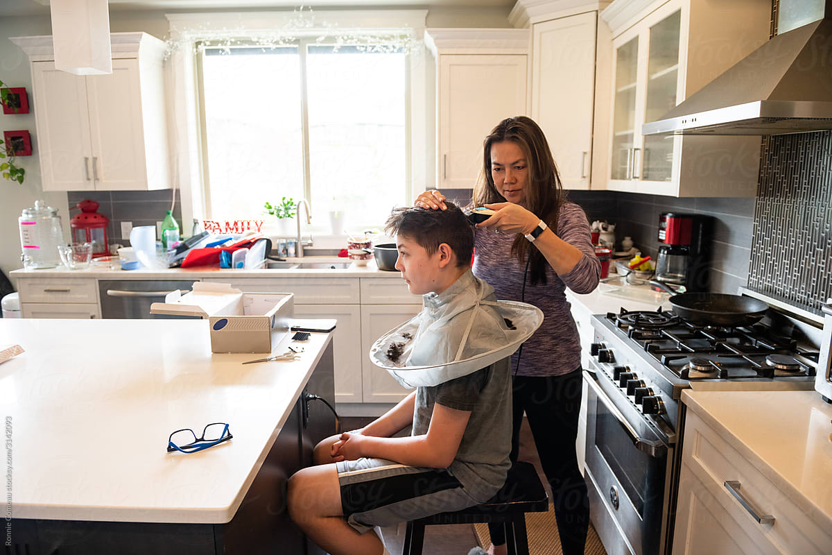 Home Haircut - Mother Cutting Son\'s Hair