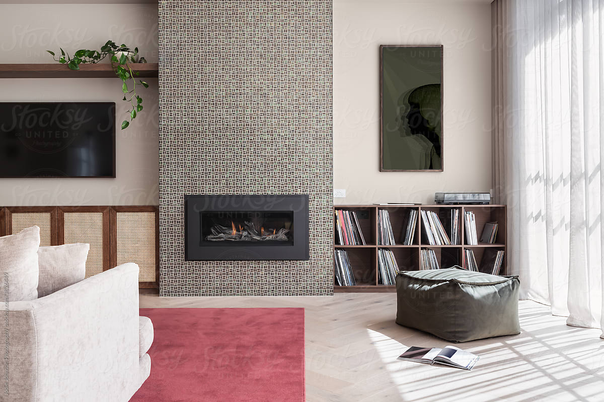 Modern living room with feature fireplace