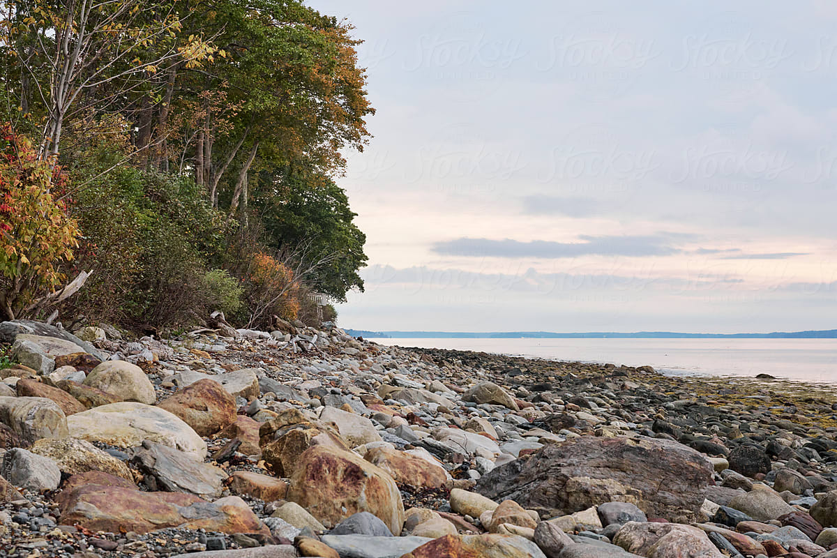 Coastal sunrise at the rocky shoreline of Camden, Maine