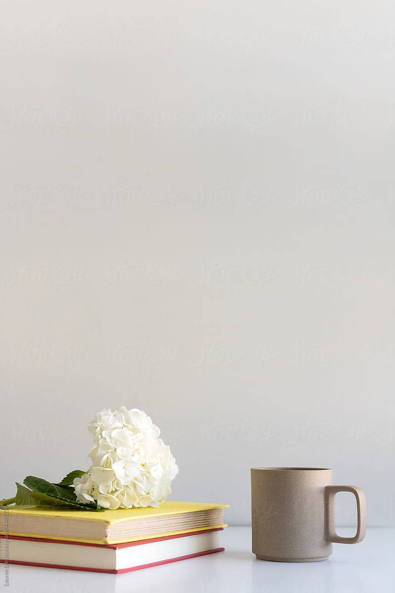 Books and coffee mug with flower
