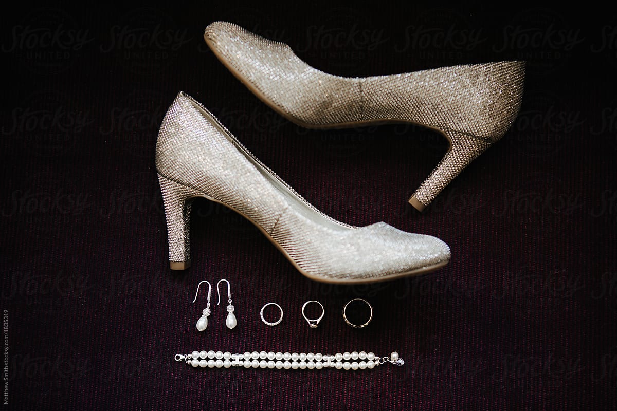 Pair Of High Heels, Earrings, rings, pearl bracelet