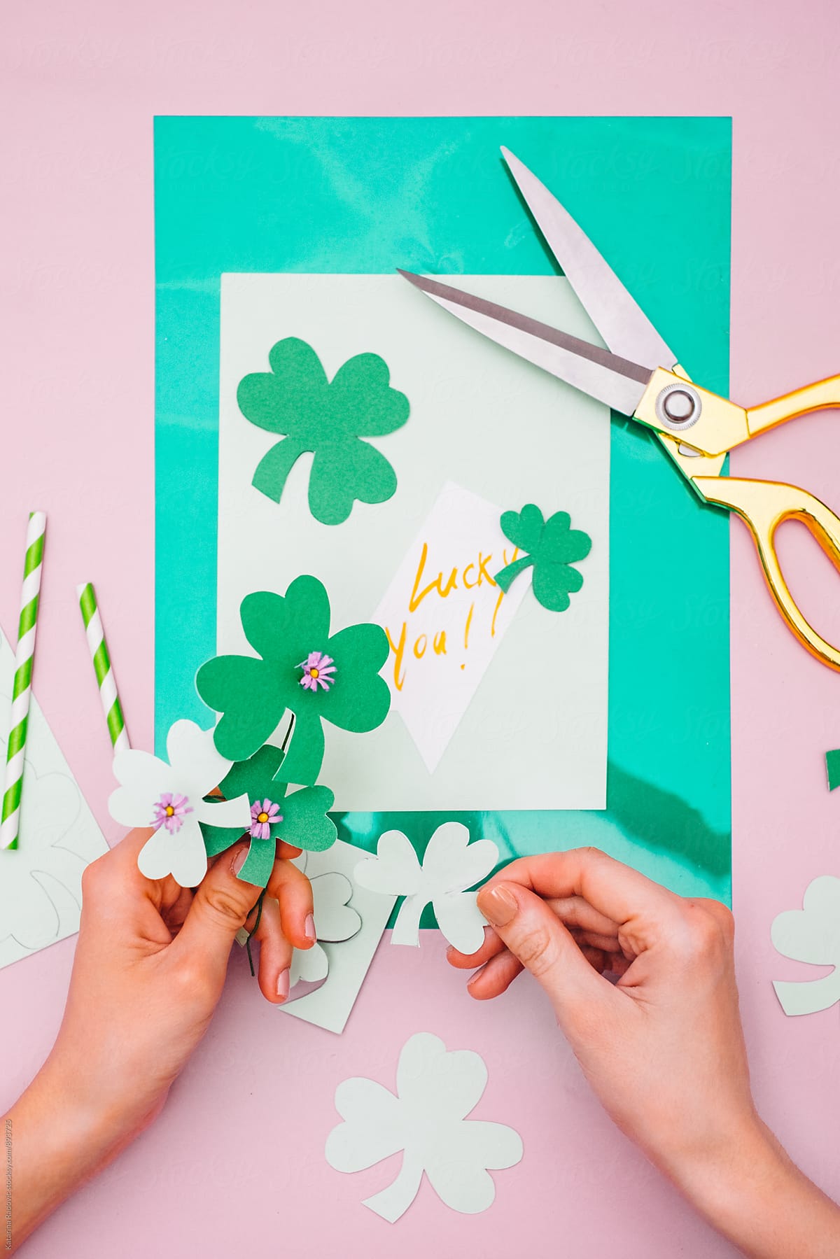 Woman Making Paper Shamrock as a Decoration for Saint Patrick\'s Day