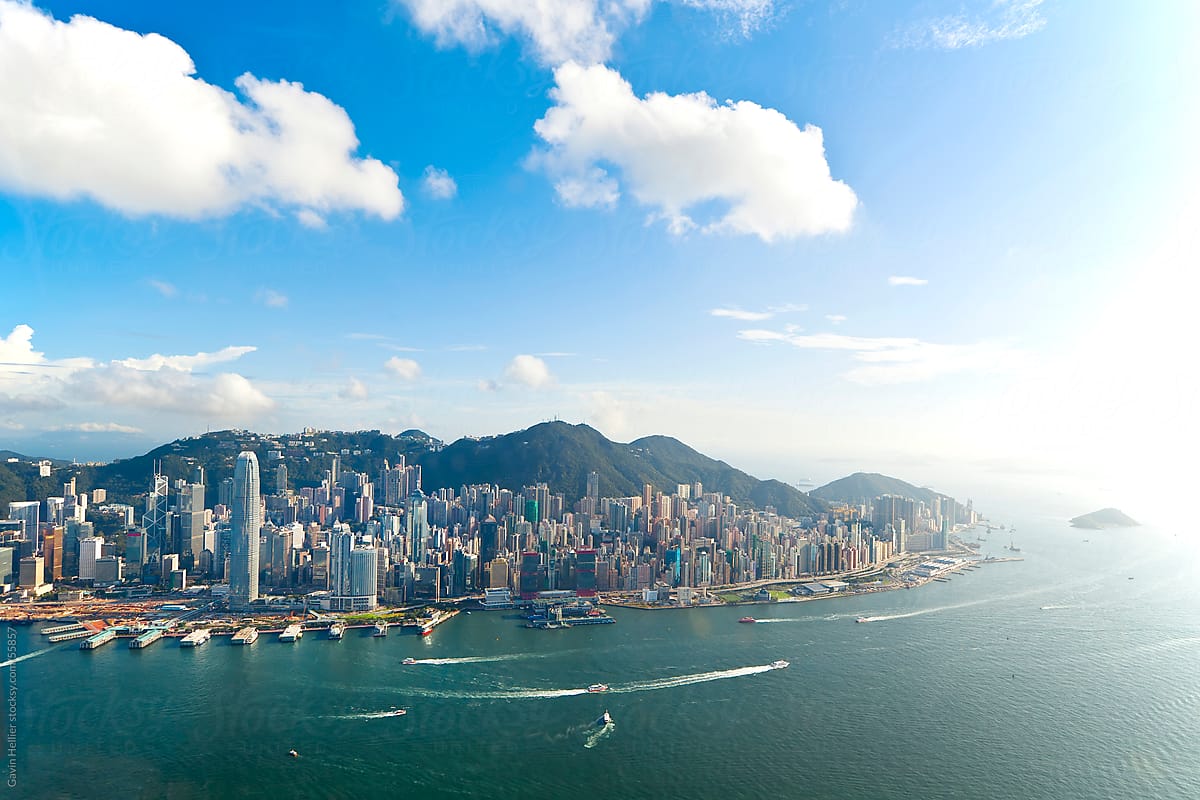 Elevated view across the busy Hong Kong harbour,  Central district of Hong Kong Island and Victoria