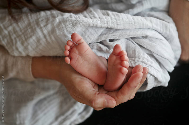 Mother Holding Newborn Babies Feet In Her Hands