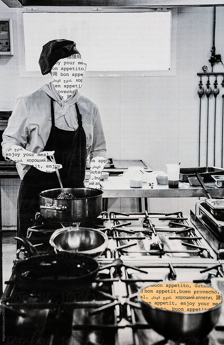Collage of anonymous chef in kitchen