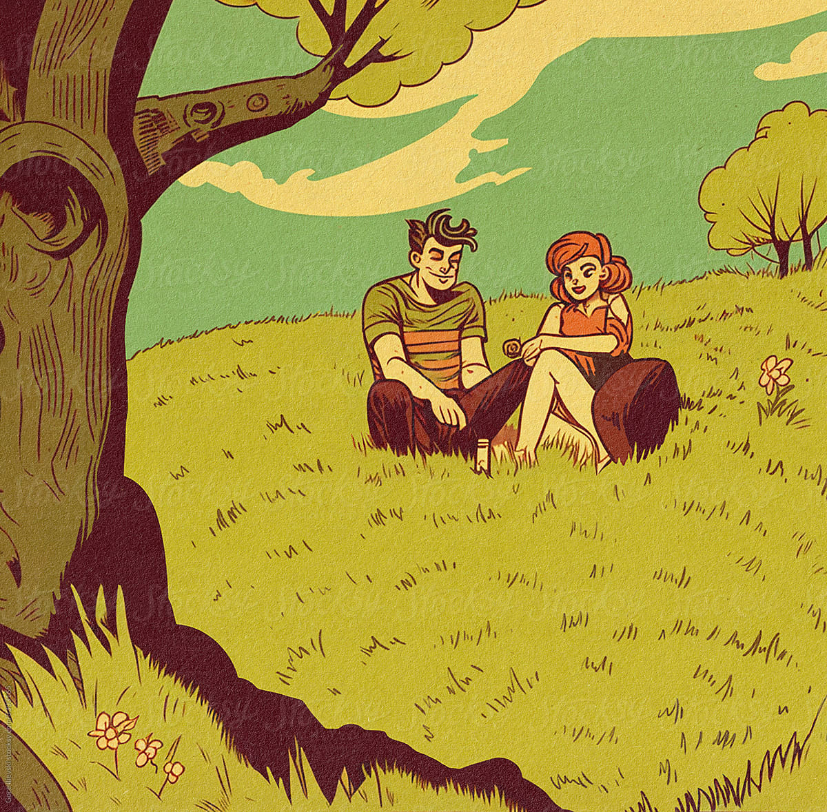 Spring Picnic Illustration Of Couple In Love