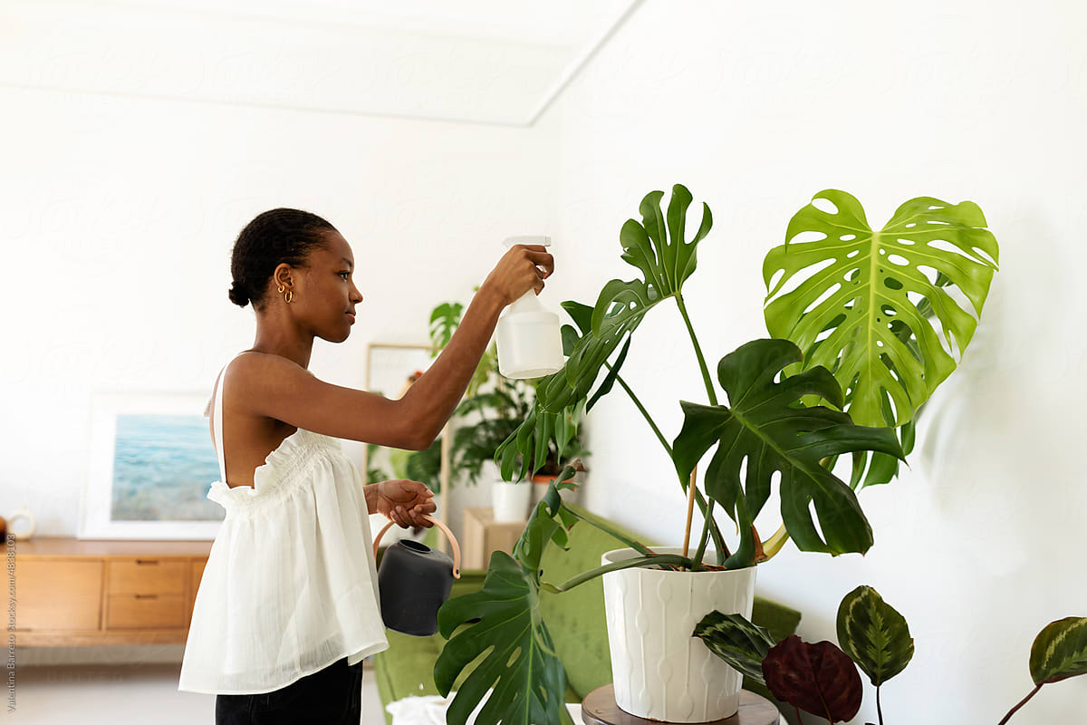 Woman caring plants at home