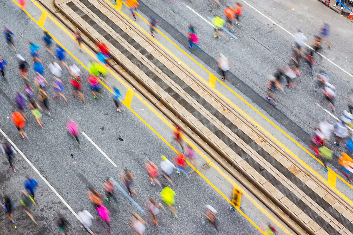 Colorful marathon runnered viewed from above