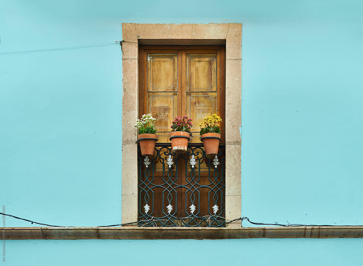 Balcony door with decorated iron railing and flower pots