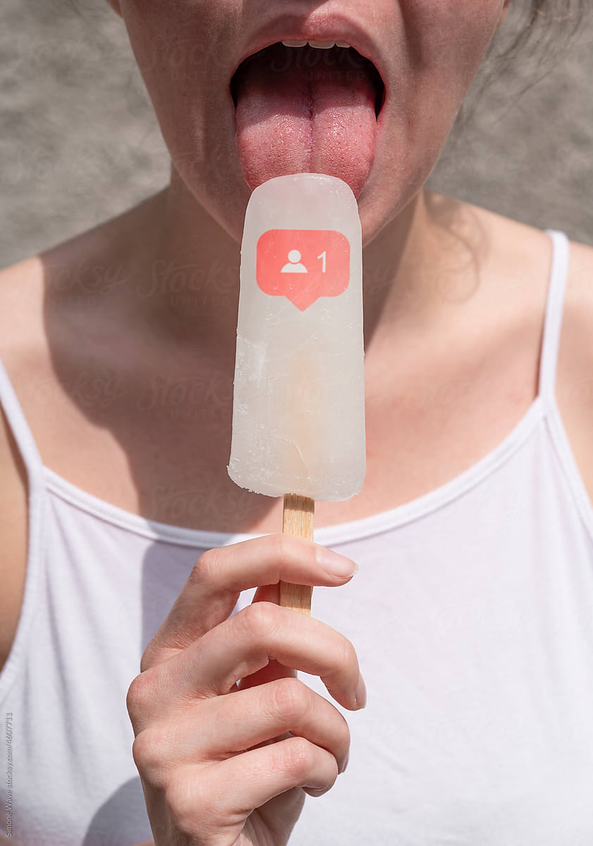Woman licks ice pop with followers icon