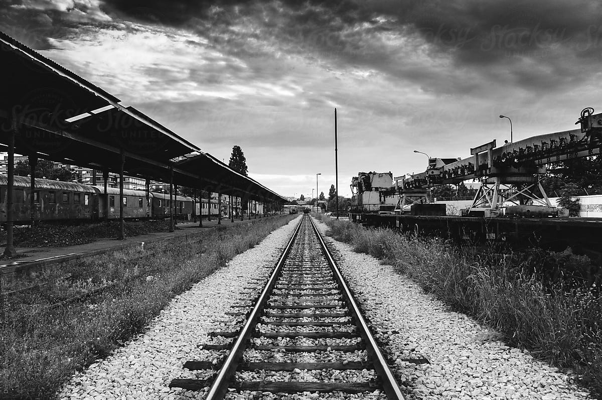 Old abandoned railway station in black and white