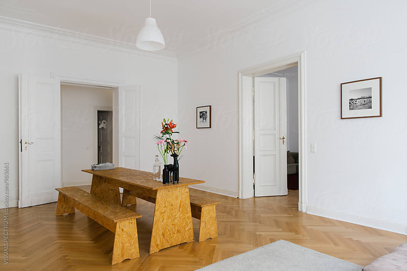 Large Modern Wood Table in Bright Stylish Minimalist Living Room