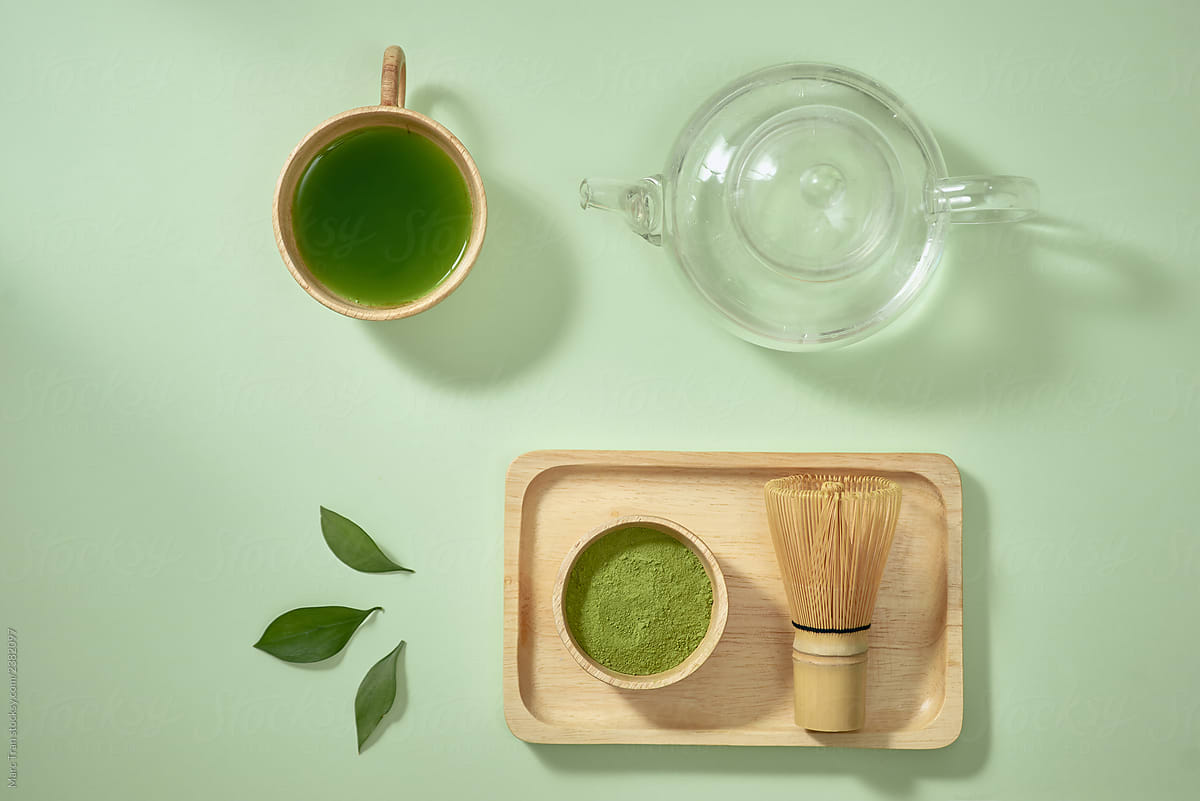 Green matcha tea drink and tea.