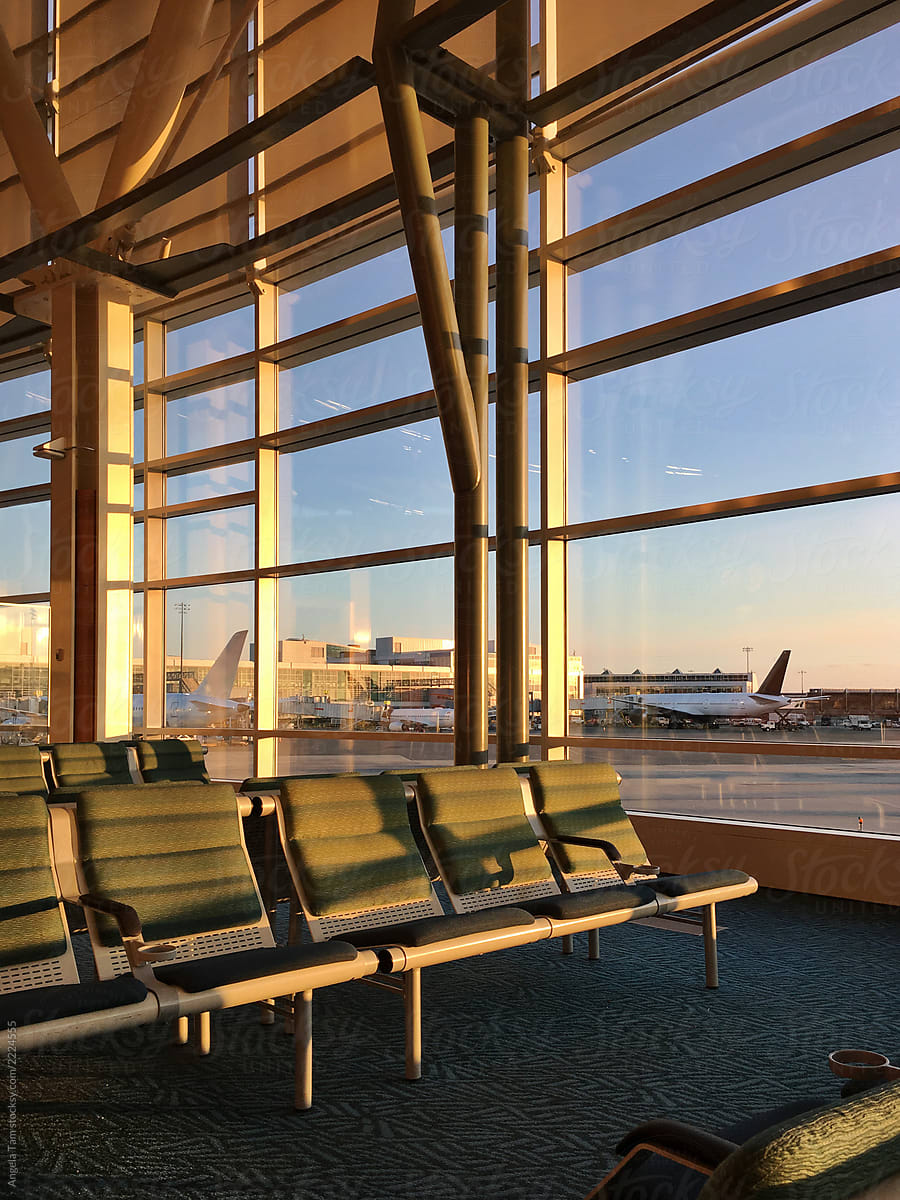 Airport waiting area at sunset