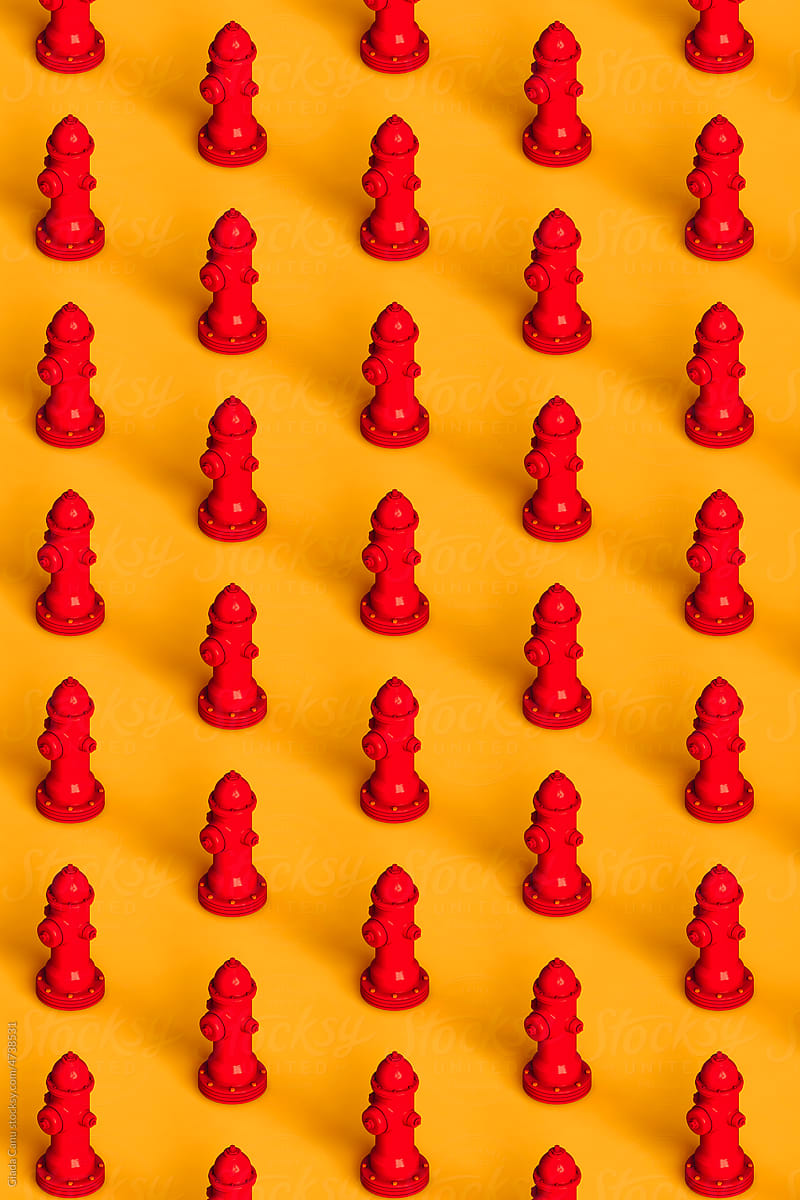 pattern of many red hydrants