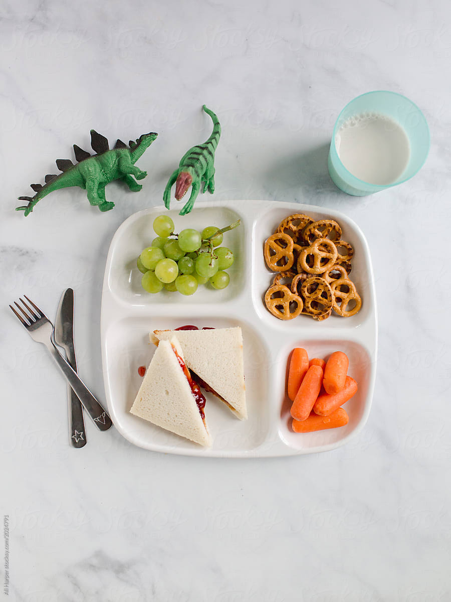 Plated kid\'s lunch for school with cute dinosaurs