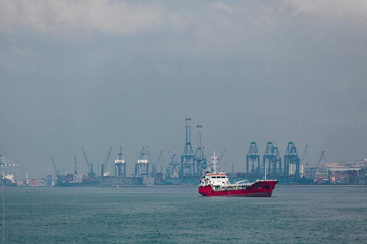 Red ship near the harbor
