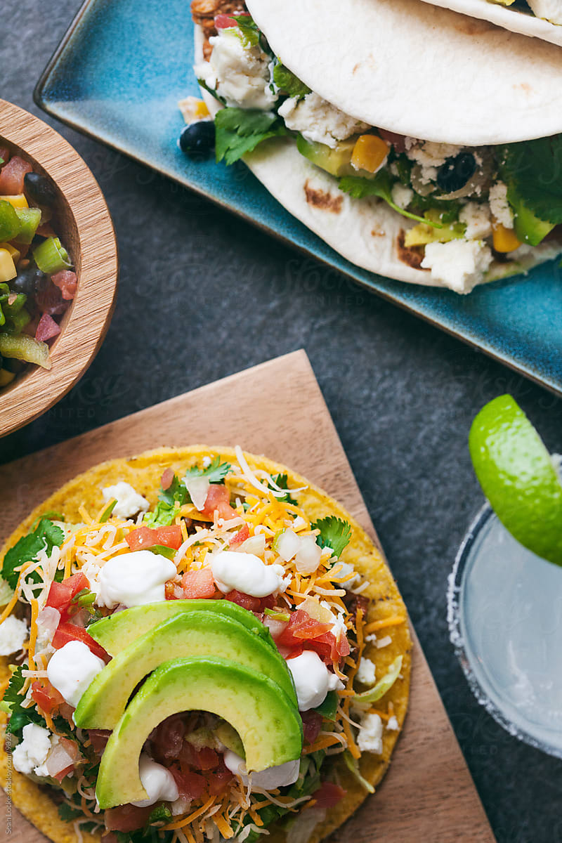 Tacos: Focus On Tostada With Soft Tacos And Salsa