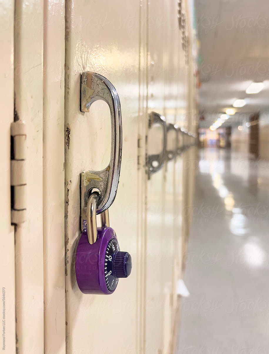 Wall of Lockers and padlock in Hallway at American High School