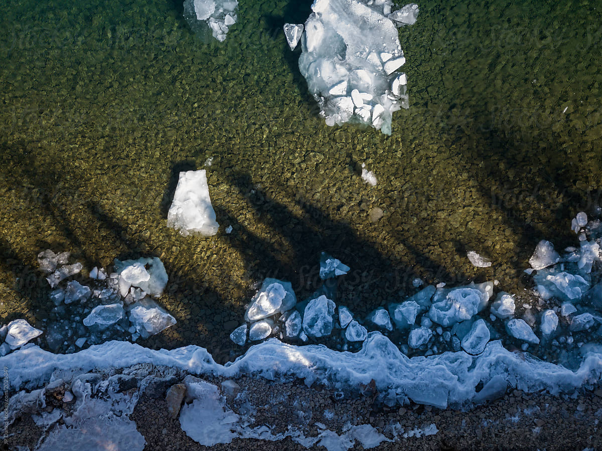 Aerial view of shoreline of Ontario lake in winter