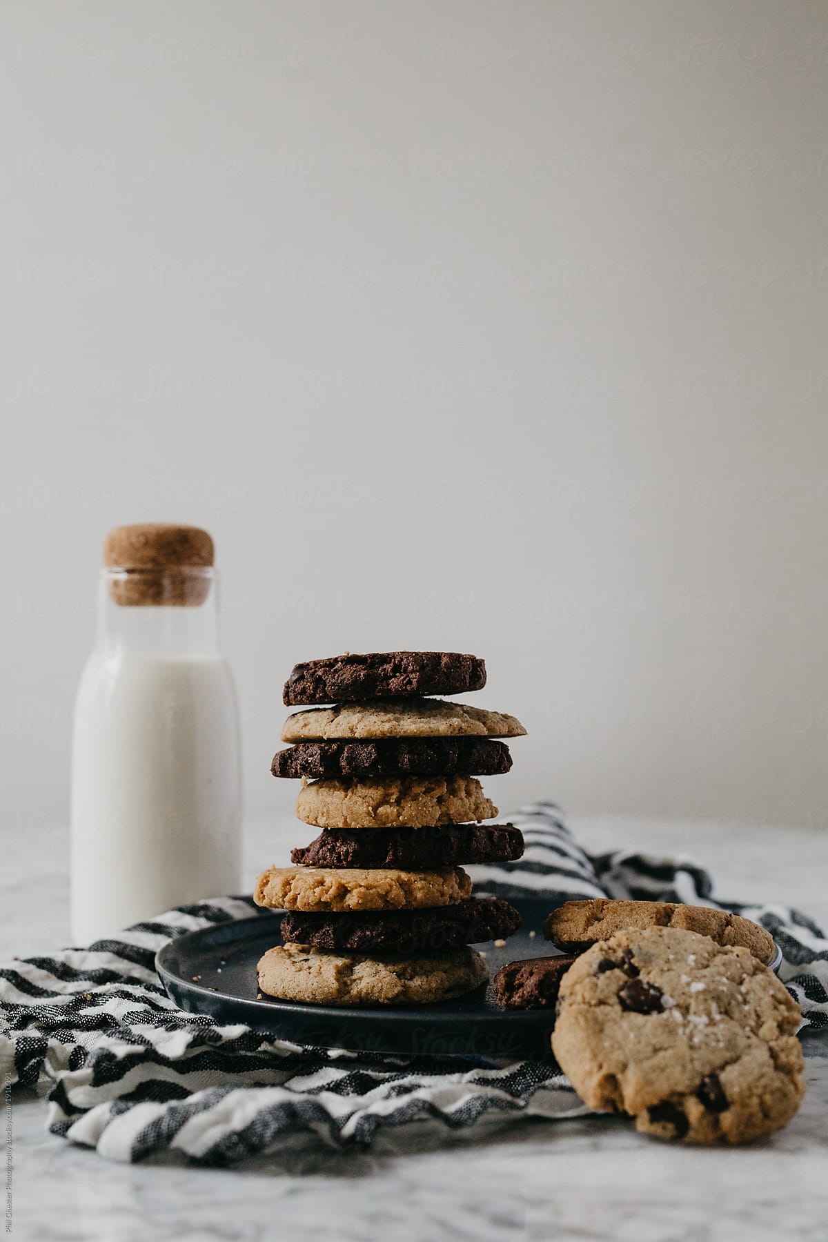 Cookies with Milk on plate with linens