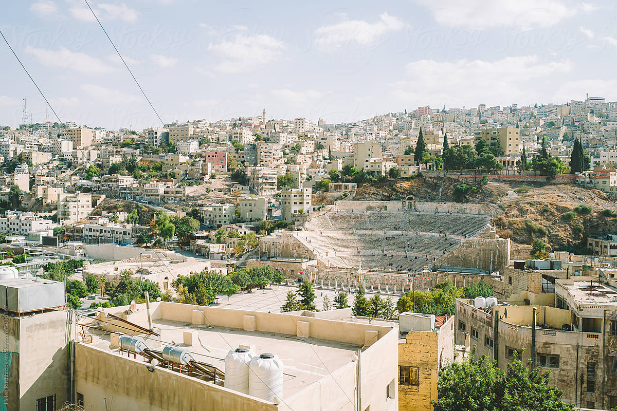 View across rooftops in Amman to the roman theatre