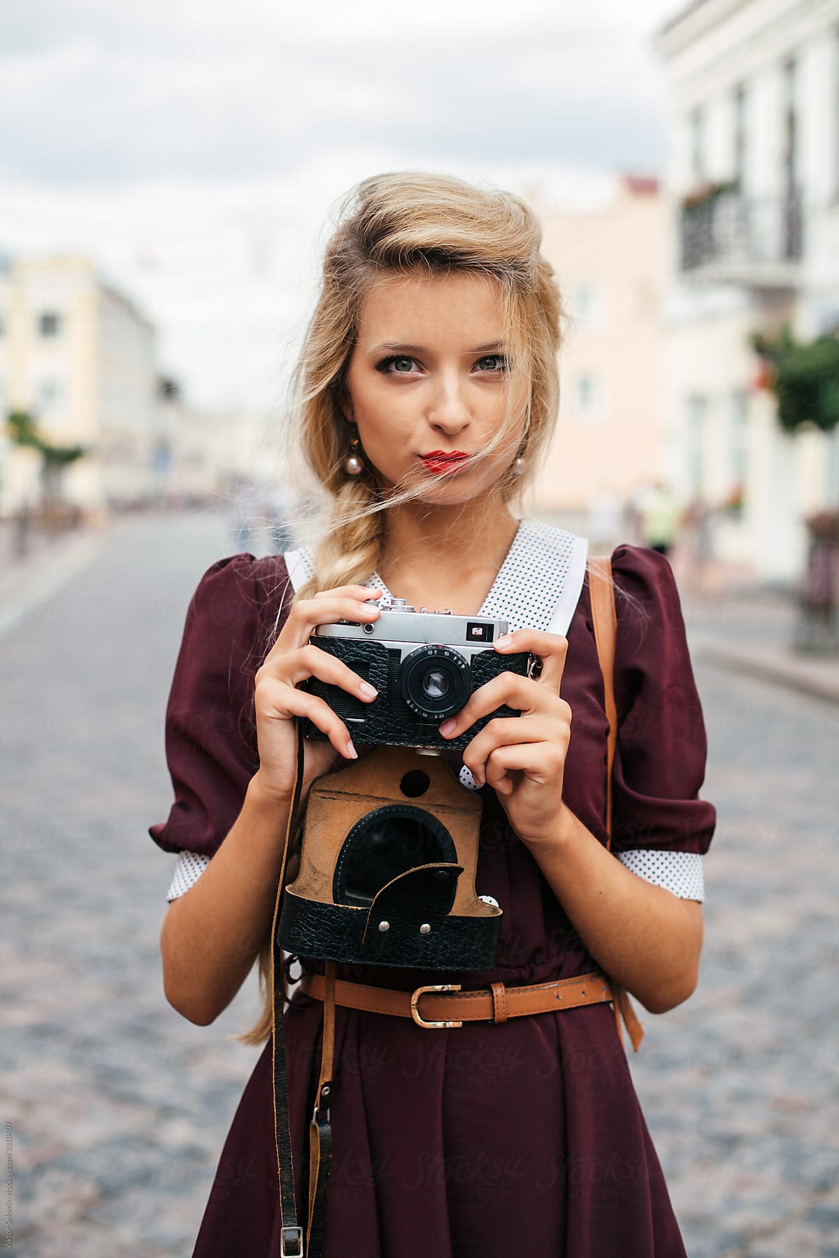 View Vintage Style Blonde Girl With Retro Camera By Stocksy 