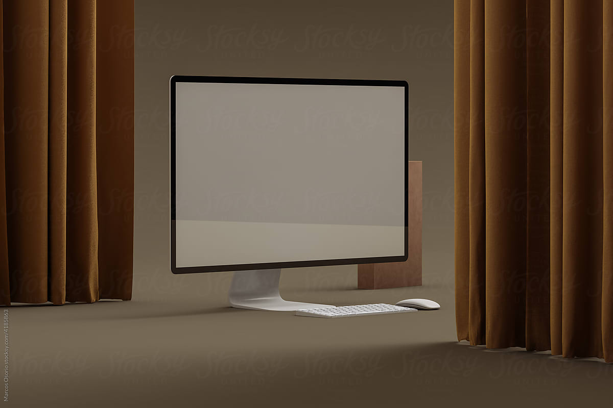 Computer with background curtains