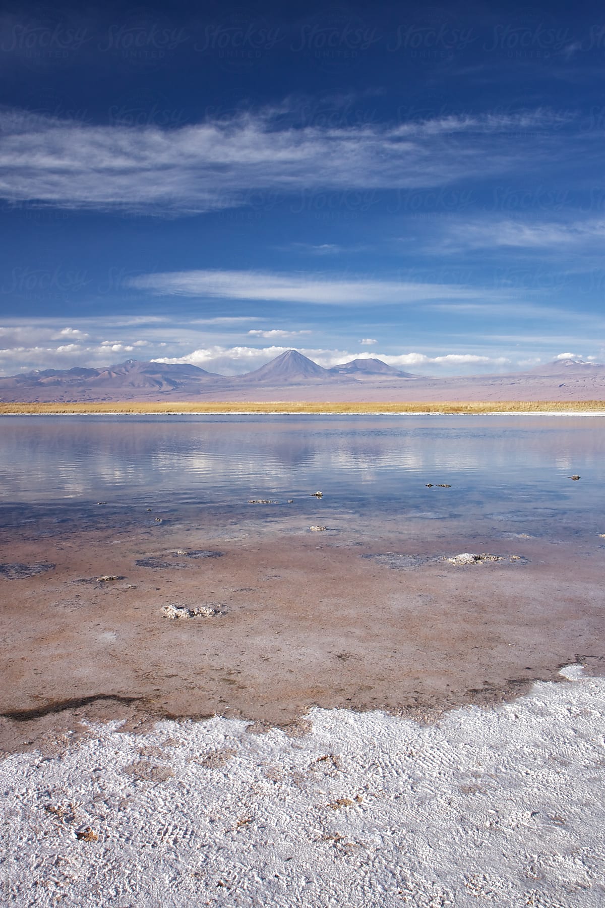 Atacama landscape with salt flat and volcano