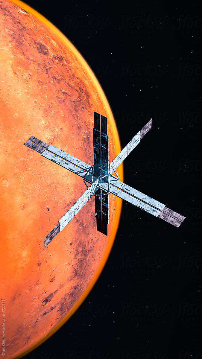A spaceship is flying near the planet Mars in space.
