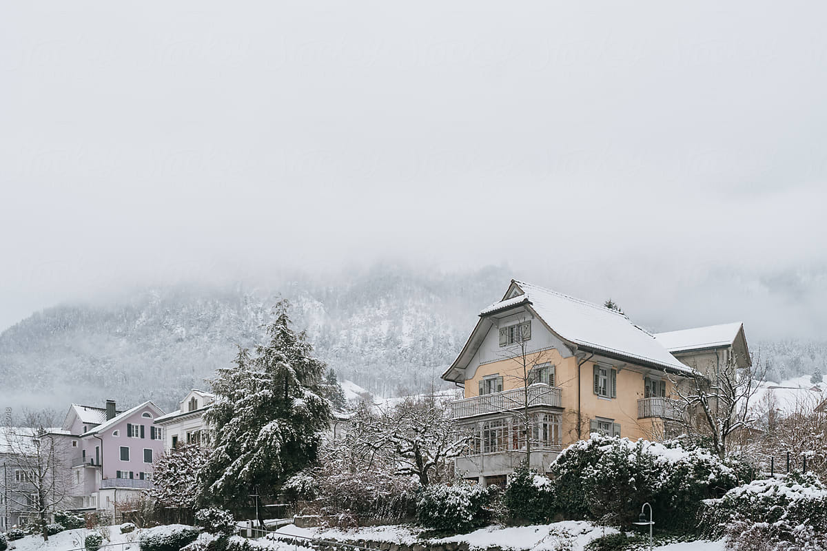 Snowy Houses and Trees with Misty Mountain Backdrop