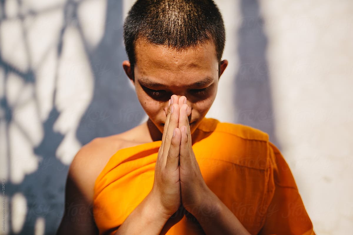 Portrait of a young Buddhist monk praying