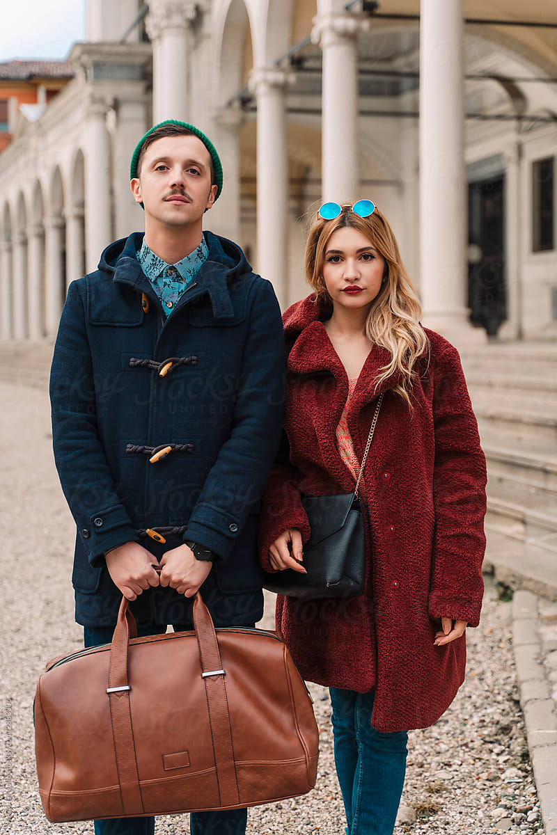Couple visiting the city during a cold winter day