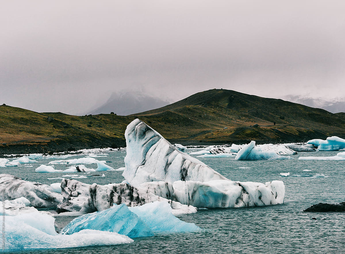 Iceland Panorama - Icebergs Floating in Glacial Lagoon on Cold Fall Morning