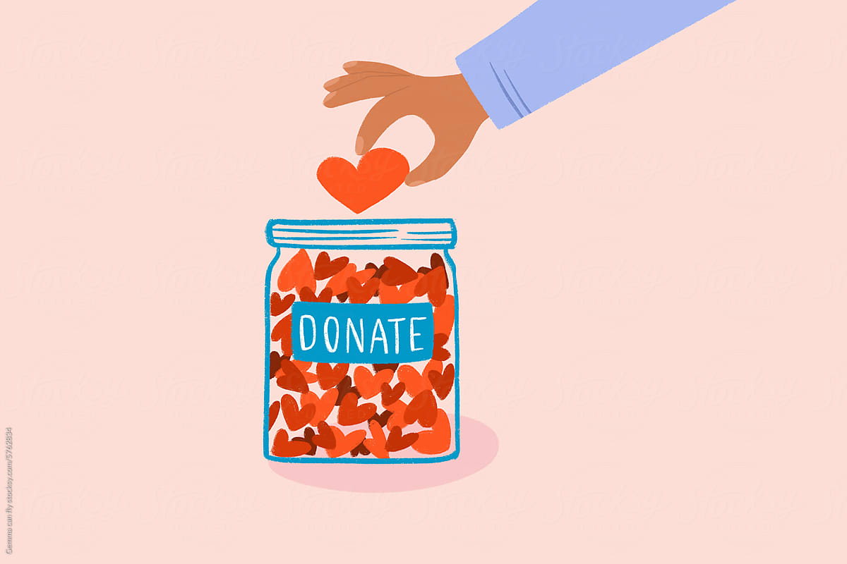 Donation jar with money with hearts, minimal illustration