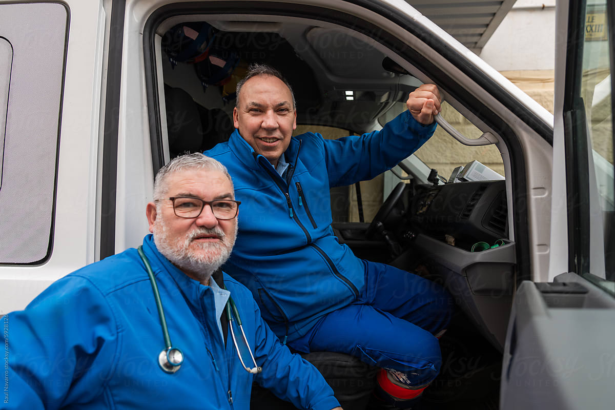 portrait of two doctors working in an ambulance