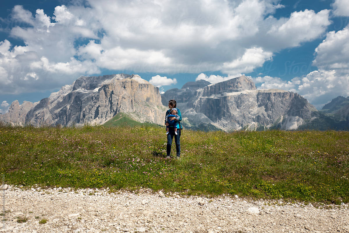 Mother using a baby Carrying Pouch on the Dolomites