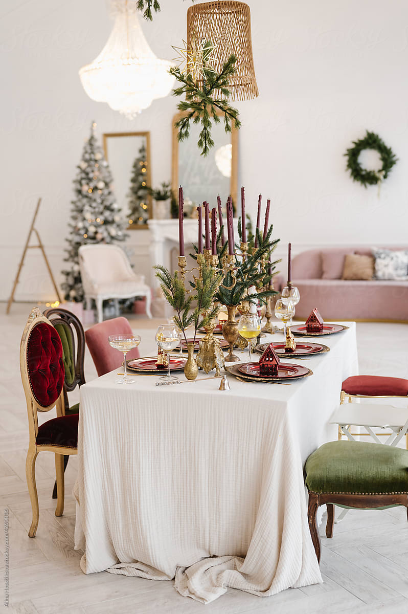 Served Christmas table in cozy apartment