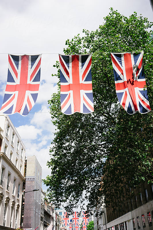 Union jack flags on a street in Mayfair, London