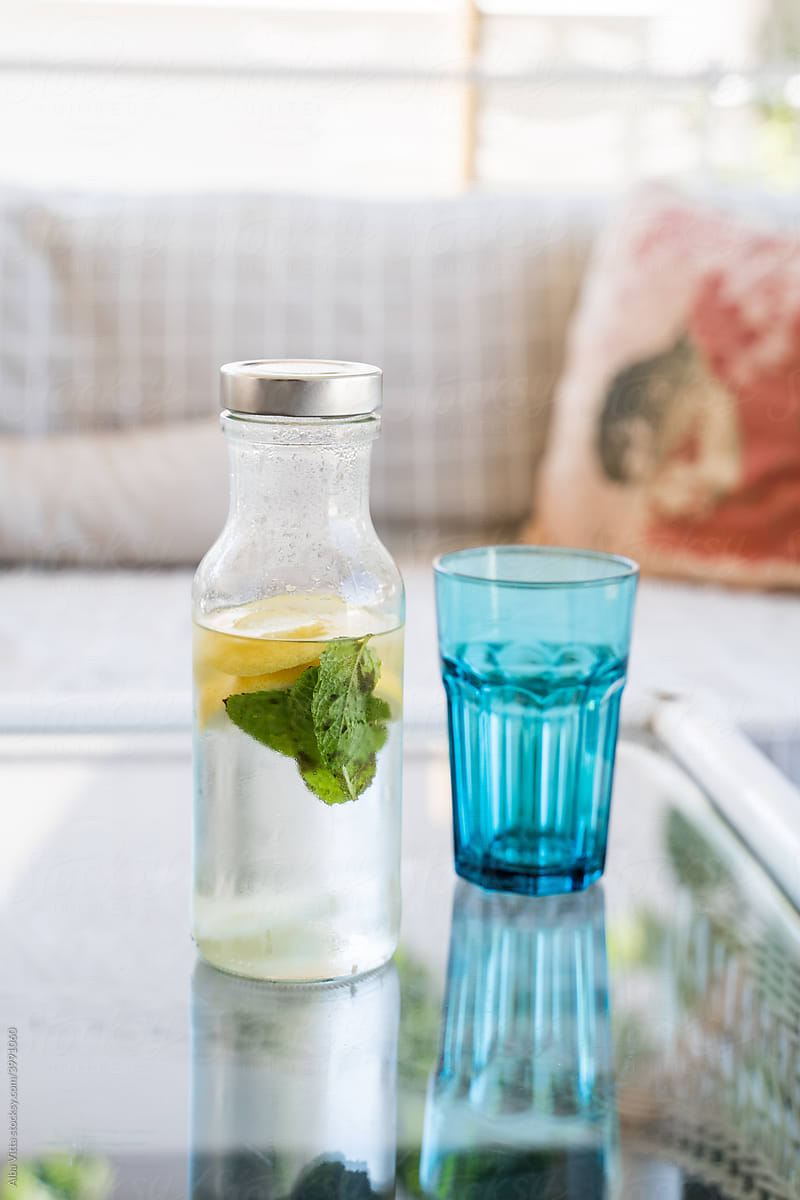 Glass water Bottle with lemon and mint