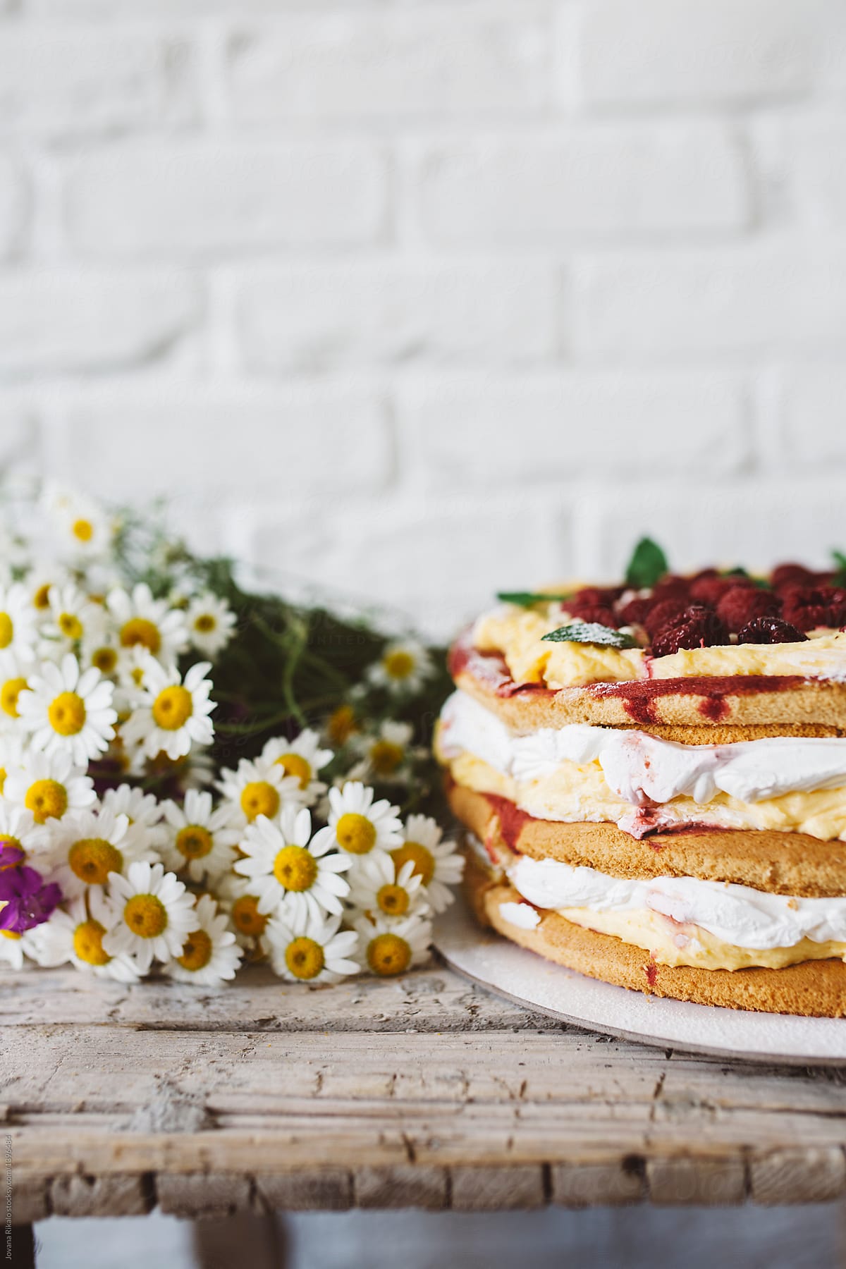 Raspberry cake and flowers