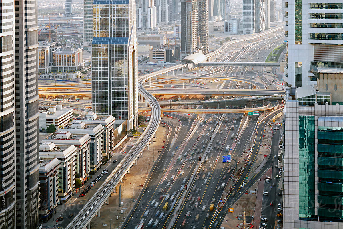 Elevated View Of Traffic Along Sheikh Zayed Road Dubai United Arab
