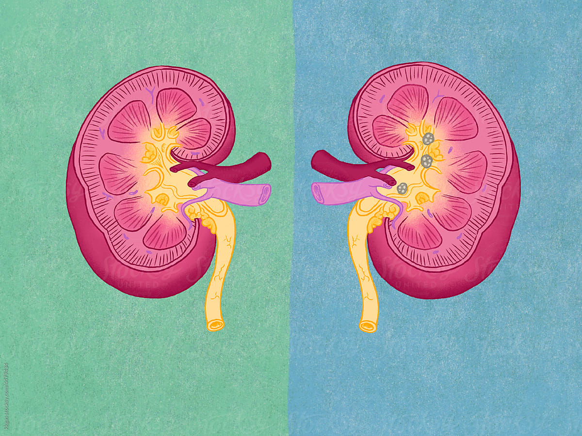 Kidney cross-section showing kidney stones