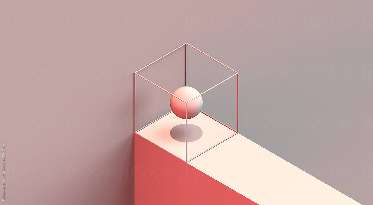 The frame of the cube and the sphere on the podium.