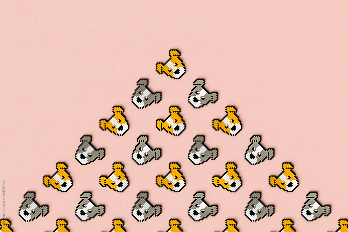 Pixelated dogs on pink background with copy space
