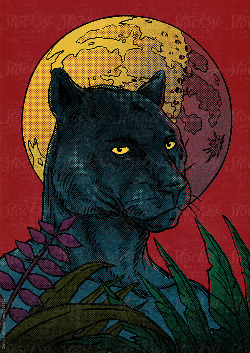 Black Panther With Moon And Plants Illustration