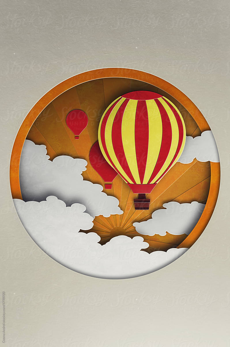 Illustration of hot air balloon flying through clouds
