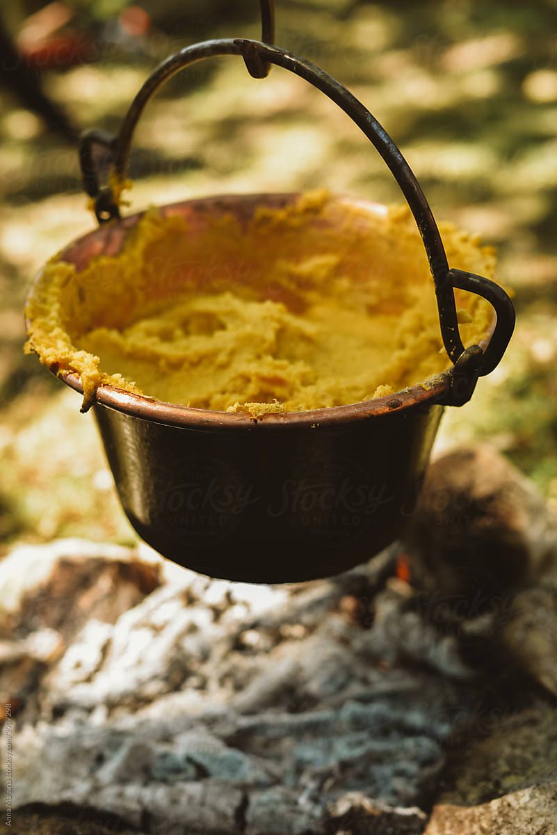 Traditional north Italian polenta cooking on fire