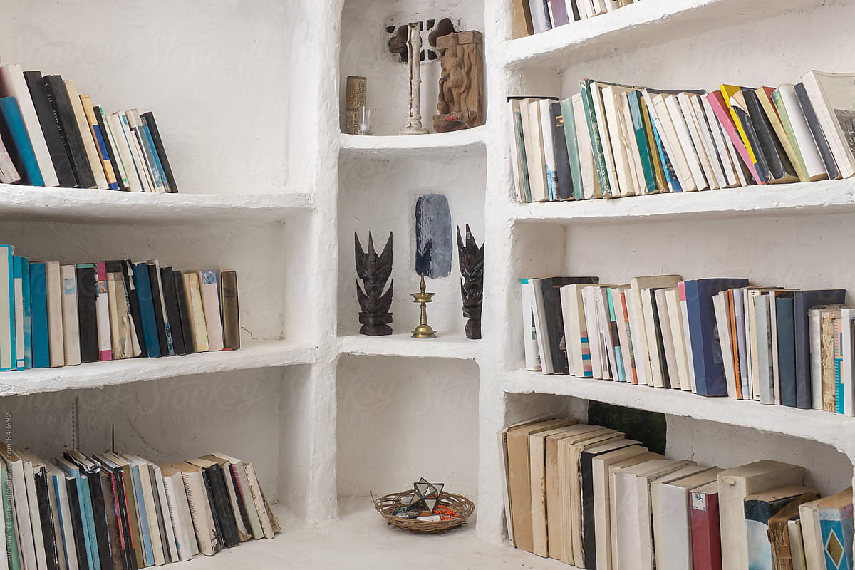Home Library. Book Shelves In Open Wardrobe