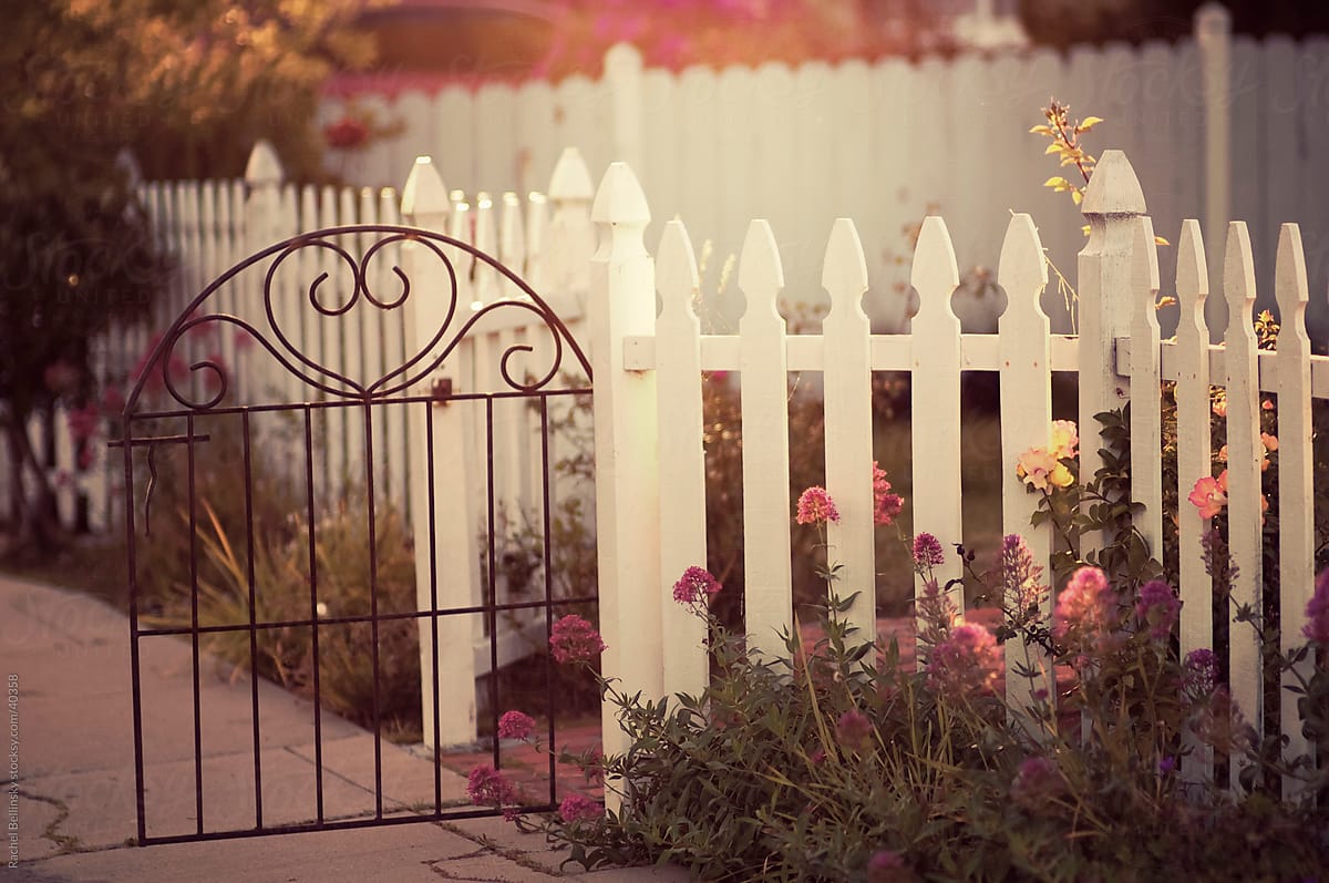 Dreamy sunlit garden with white picket fence and decorative gate